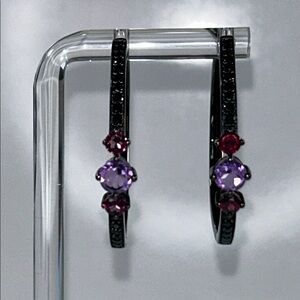 NWOT Designer Chuck Clemency Genuine Gemstone Gunmetal Hoop Earrings